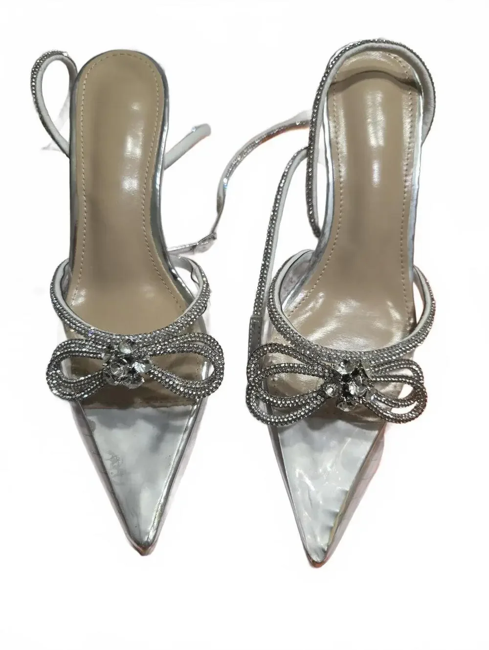 Silver Rhinestone Embellished Clear Strap High Heel Sandals